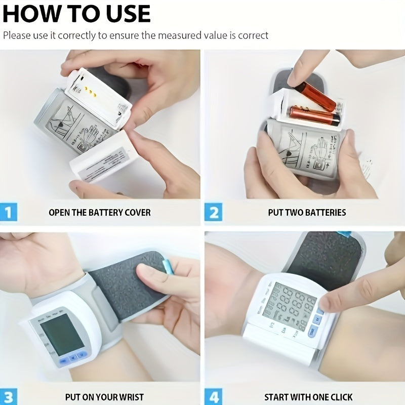 Digital Wrist Blood Pressure Monitor with Large LCD Display, Adjustable Wrist Strap & Memory Storage - Portable Automatic Inflation Sphygmomanometer with Heart Rate Monitor, Cuff Inflation Indicator, Battery-Powered (Batteries Not Included) for Home &