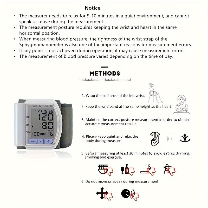 Digital Wrist Blood Pressure Monitor with Large LCD Display, Adjustable Wrist Strap & Memory Storage - Portable Automatic Inflation Sphygmomanometer with Heart Rate Monitor, Cuff Inflation Indicator, Battery-Powered (Batteries Not Included) for Home &