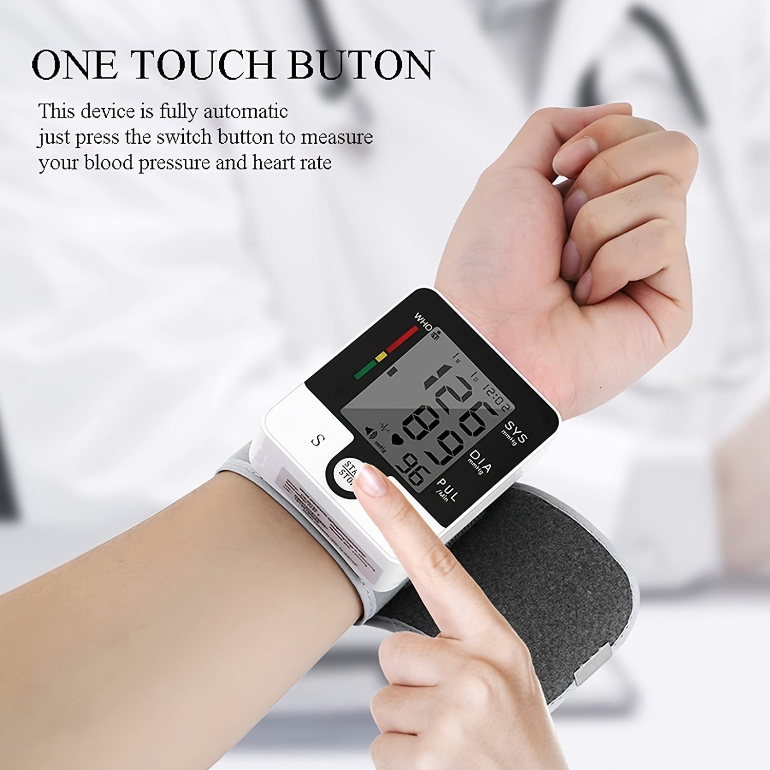 Automatic Wrist Blood Pressure Monitor with Large LCD Display, Battery-Operated, Adjustable Cuff for Home Use – Digital Sphygmomanometer for Adults, White & Black Design, Measures Systolic & Diastolic Pressures, Medical Device | Sleek Wristband Design |