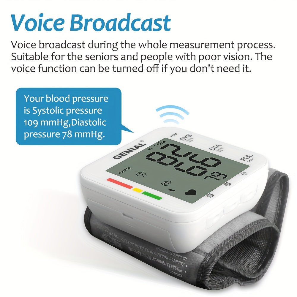 Blood Pressure Monitor Adjustable Wrist Blood Pressure Cuff 2 X 99 Readings Digital Rechargeable Blood Pressure Machine With Voice Broadcasting With Carrying Case For Home Use, Battery Not Included