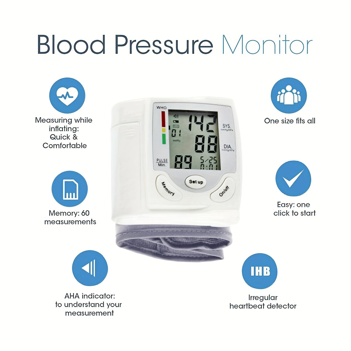 Automatic Wrist Blood Pressure Monitor with Large LCD Screen - Adjustable Cuff, Pulse Rate Detection, Irregular Heartbeat Alert, Battery-Powered(Batteries Not Included) 36V Or Lower, Safe for Adults, for Summer