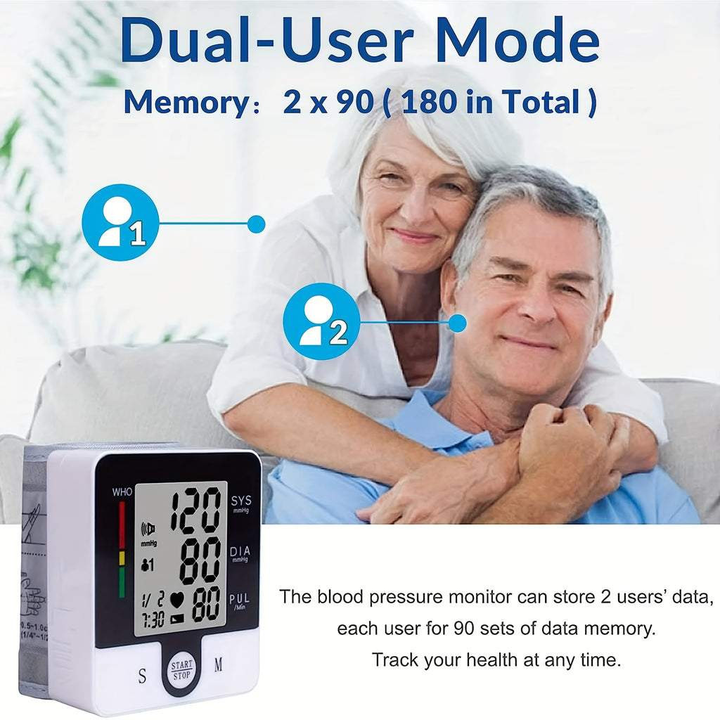 Automatic Wrist Blood Pressure Monitor with Adjustable Cuff, 90x2 Memory Storage, Large LCD Display, and Heart Rate & Sphygmomanometer Readings - Battery-Powered for Home Use, Wrist Bp Monitor | Userfriendly Design | Clear Readability