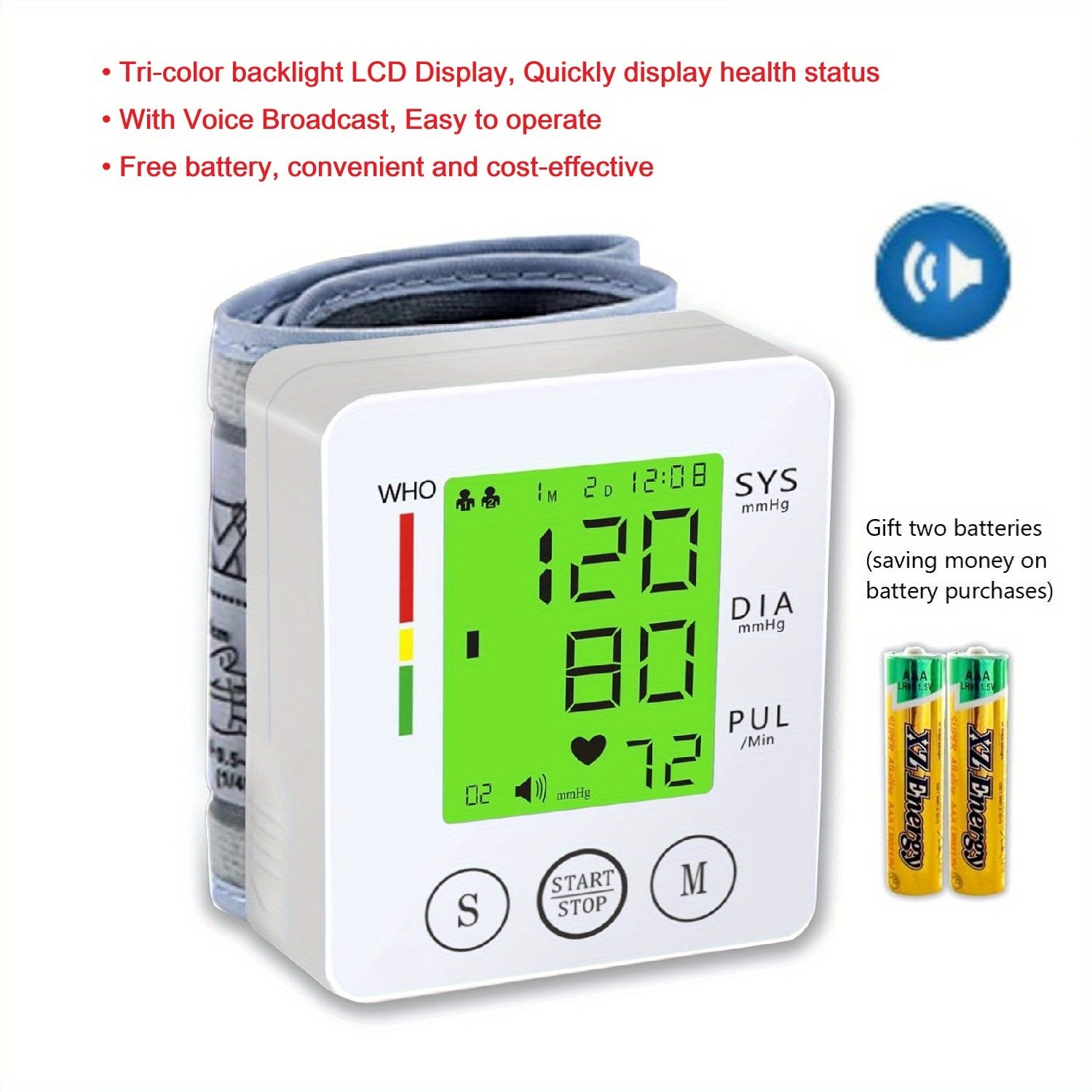 Automatic Wrist Blood Pressure Monitor with Voice Guidance & Large LCD Backlight Display - Talking BP Cuff with Memory Storage, Irregular Heartbeat Detection, Adjustable Cuff Sizes, Portable Home Use Monitor with Carrying Case & Batteries Included (AAA)