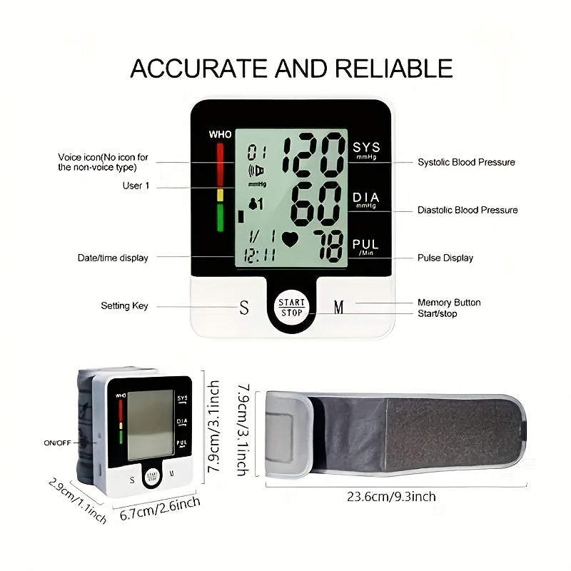 Automatic Wrist Blood Pressure Monitor with Adjustable Cuff, 90x2 Memory Storage, Large LCD Display, and Heart Rate & Sphygmomanometer Readings - Battery-Powered for Home Use, Wrist Bp Monitor | Userfriendly Design | Clear Readability