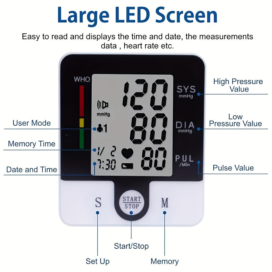 Automatic Wrist Blood Pressure Monitor with Large LCD Display, Battery-Operated, Adjustable Cuff for Home Use – Digital Sphygmomanometer for Adults, White & Black Design, Measures Systolic & Diastolic Pressures, Medical Device | Sleek Wristband Design |