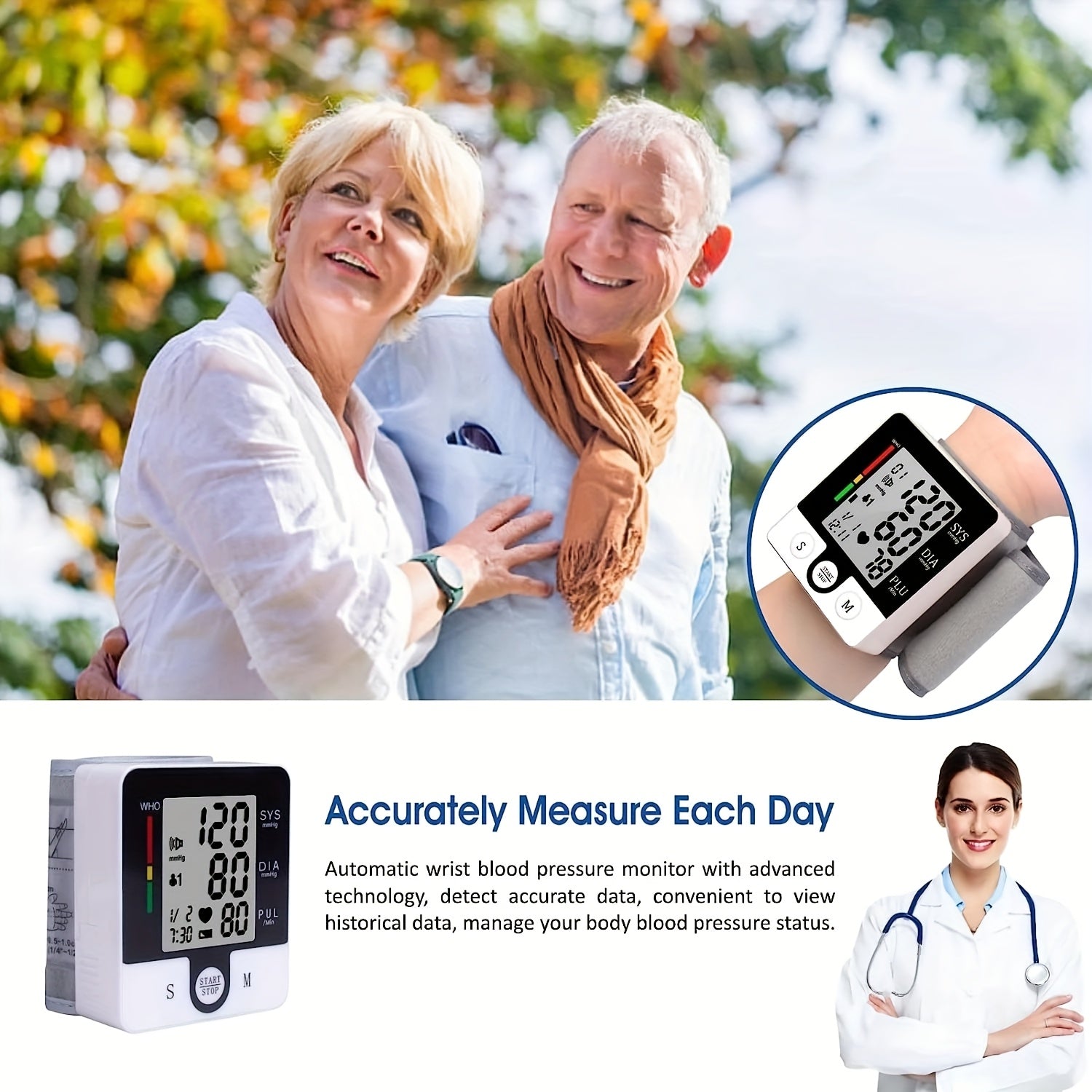 Automatic Wrist Blood Pressure Monitor with Adjustable Cuff, 90x2 Memory Storage, Large LCD Display, and Heart Rate & Sphygmomanometer Readings - Battery-Powered for Home Use, Wrist Bp Monitor | Userfriendly Design | Clear Readability