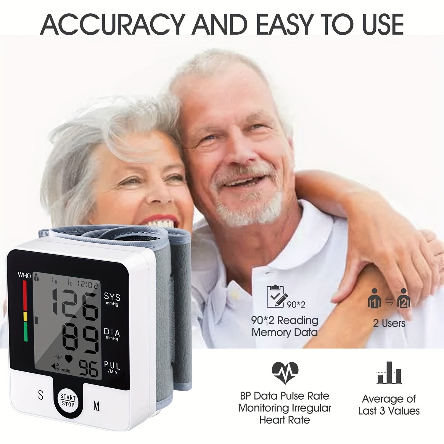 Automatic Wrist Blood Pressure Monitor with Large LCD Display, Battery-Operated, Adjustable Cuff for Home Use – Digital Sphygmomanometer for Adults, White & Black Design, Measures Systolic & Diastolic Pressures, Medical Device | Sleek Wristband Design |