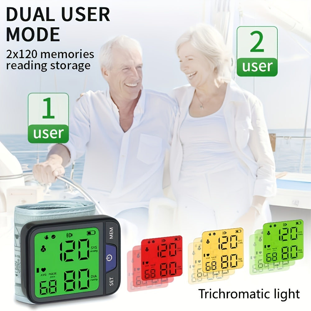 Automatic Wrist Blood Pressure Monitor With Voice, 3-Color Backlit Digital LCD Display, 240 Memory Storage For Dual Users, Portable Adjustable Cuff BP Device For Home Use.