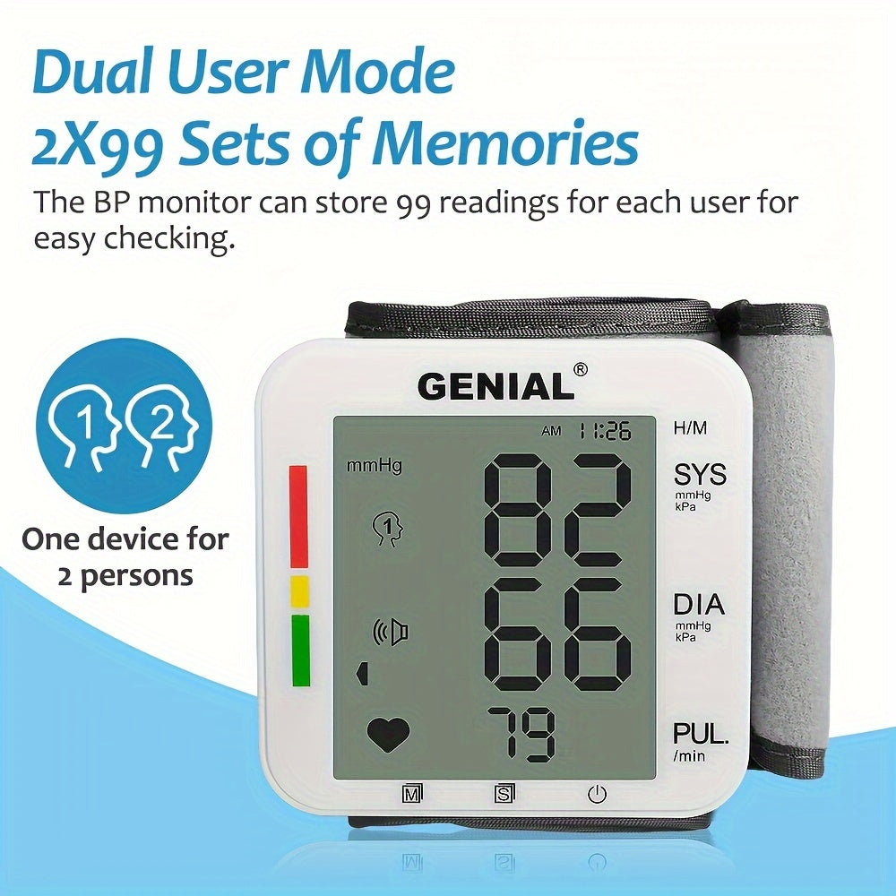 Blood Pressure Monitor Adjustable Wrist Blood Pressure Cuff 2 X 99 Readings Digital Rechargeable Blood Pressure Machine With Voice Broadcasting With Carrying Case For Home Use, Battery Not Included