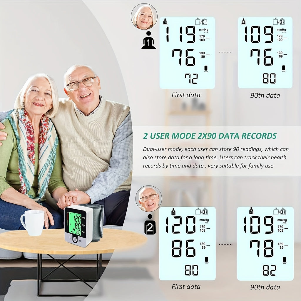 Automatic Wrist Blood Pressure Monitor with Large LCD Display, Battery-Operated, Adjustable Cuff for Home Use – Digital Sphygmomanometer for Adults, White & Black Design, Measures Systolic & Diastolic Pressures, Medical Device | Sleek Wristband Design |
