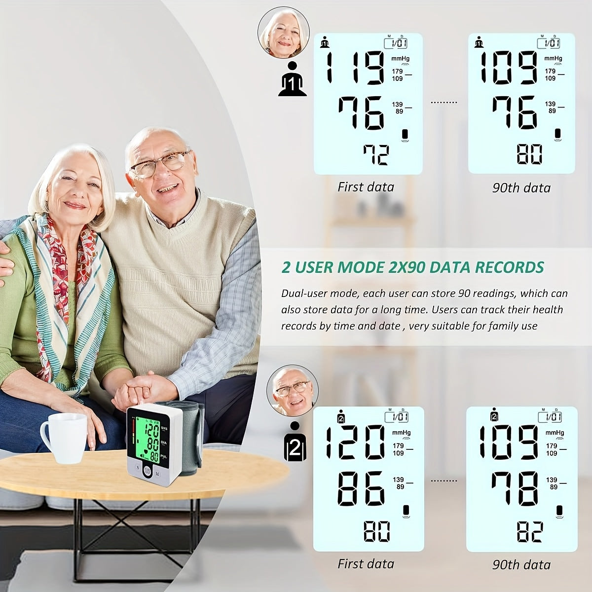 Automatic Wrist Blood Pressure Monitor with Large LCD Display, Battery-Operated, Adjustable Cuff for Home Use – Digital Sphygmomanometer for Adults, White & Black Design, Measures Systolic & Diastolic Pressures, Medical Device | Sleek Wristband Design |