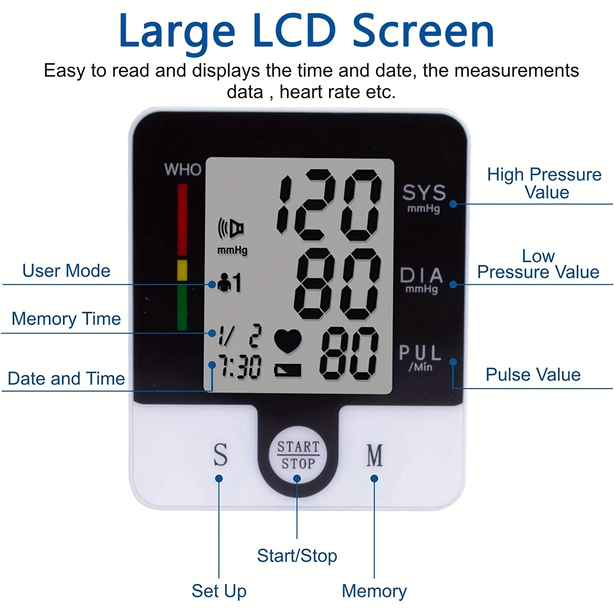 Automatic Wrist Blood Pressure Monitor with Adjustable Cuff, 90x2 Memory Storage, Large LCD Display, and Heart Rate & Sphygmomanometer Readings - Battery-Powered for Home Use, Wrist Bp Monitor | Userfriendly Design | Clear Readability