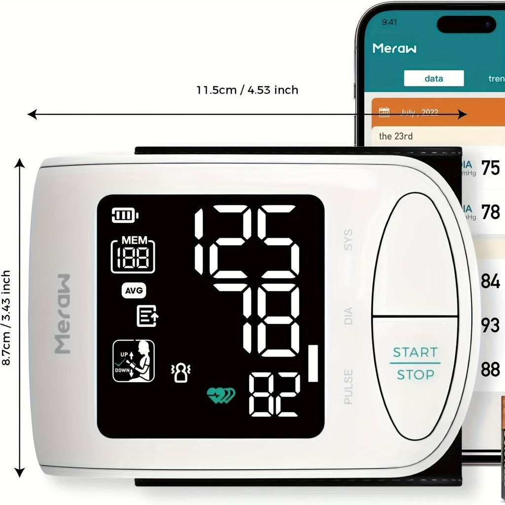 Meraw Wrist Blood Pressure Monitor for Adults with Large 5.3"-8.5" Cuff, High Accuracy Automatic BP Machine, Irregular Heartbeat Detection, App Connected (iOS/Android), Backlit LCD Display, AAA Battery Powered, Home Health Monitoring | Sleek Device Design
