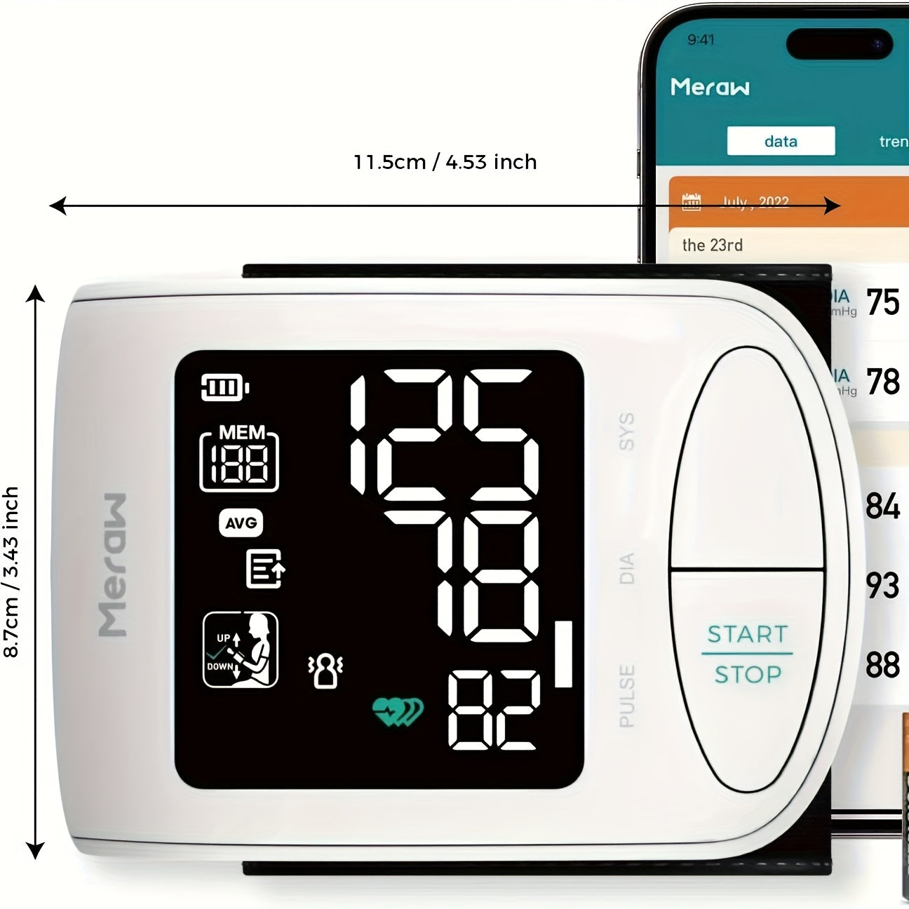 Meraw Wrist Blood Pressure Monitor for Adults with Large 5.3"-8.5" Cuff, High Accuracy Automatic BP Machine, Irregular Heartbeat Detection, App Connected (iOS/Android), Backlit LCD Display, AAA Battery Powered, Home Health Monitoring | Sleek Device Design