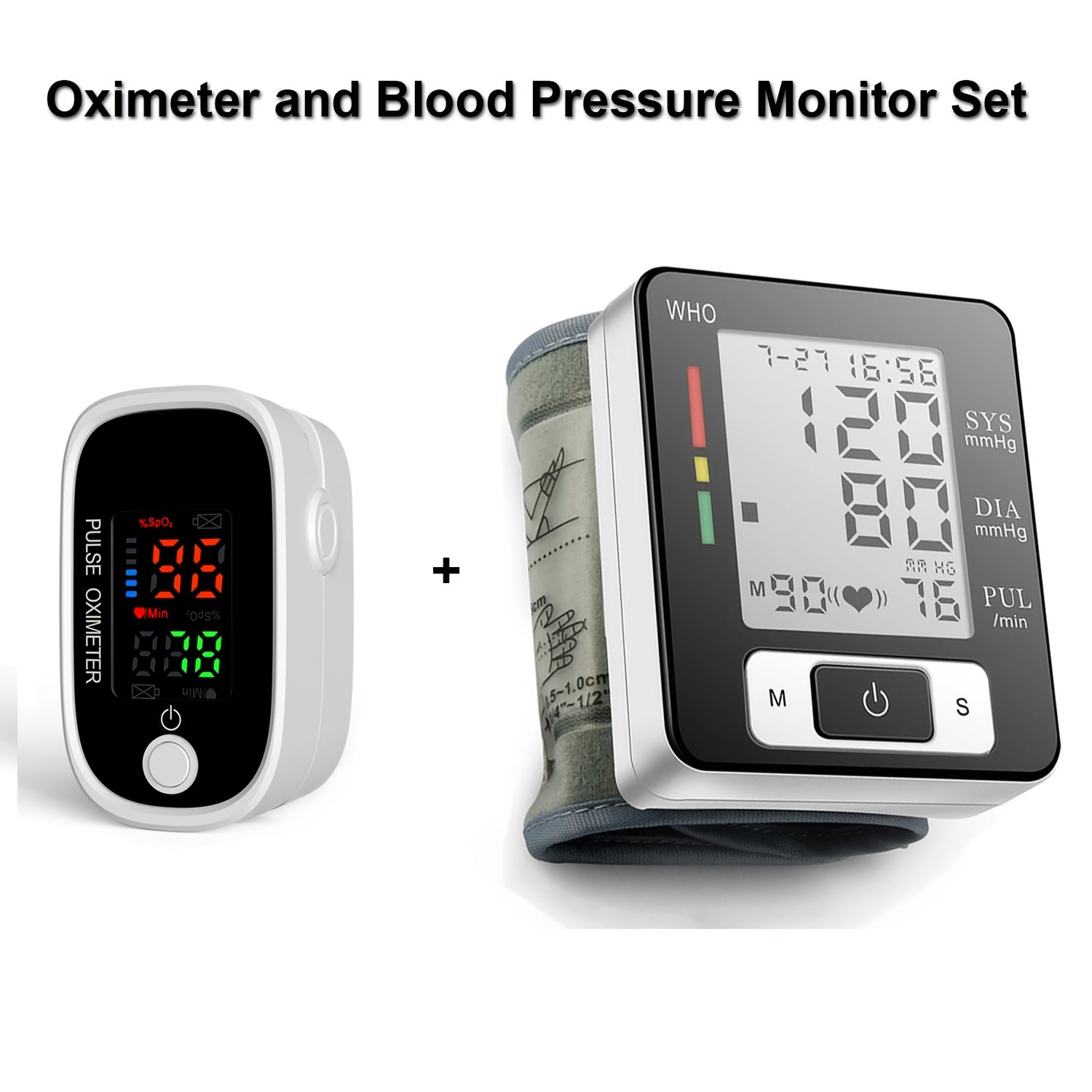 2pcs CHANG KUN Automatic Wrist Blood Pressure Monitor & Oximeter Set - Large LCD Display, Adjustable Cuff, Multi-User Mode (99 Readings Per User), Battery-Powered, Ideal for Home Use & Fitness Tracking, Health Monitoring, Sleek Design, Durable