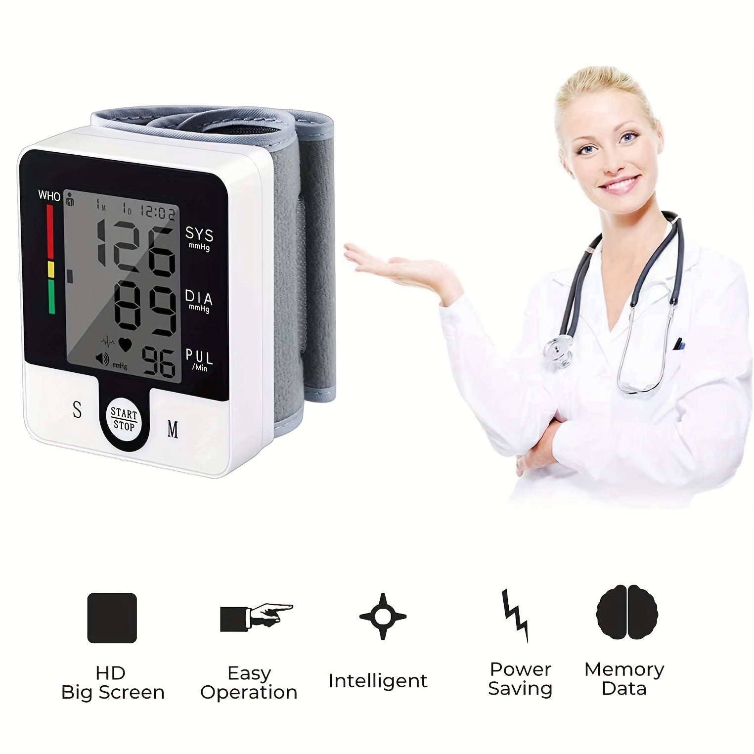 Automatic Wrist Blood Pressure Monitor with Large LCD Display, Battery-Operated, Adjustable Cuff for Home Use – Digital Sphygmomanometer for Adults, White & Black Design, Measures Systolic & Diastolic Pressures, Medical Device | Sleek Wristband Design |