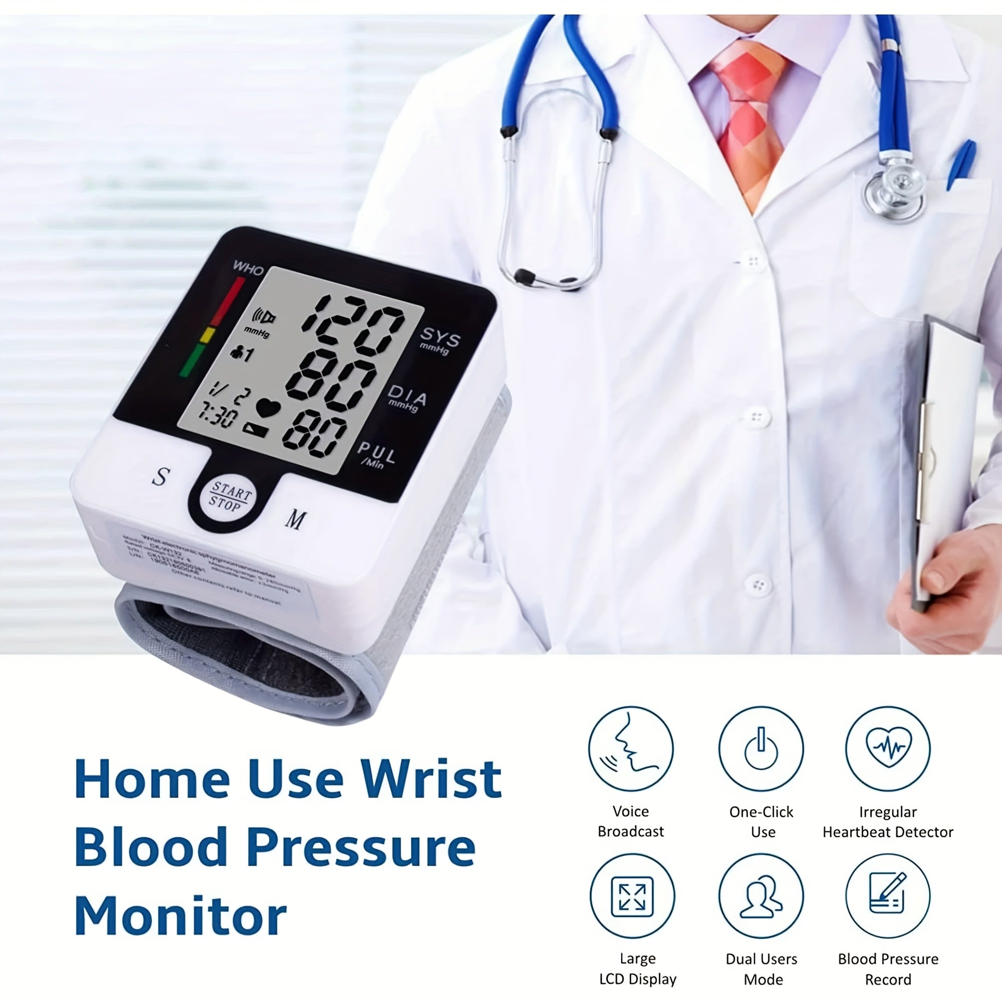 Automatic Wrist Blood Pressure Monitor with Adjustable Cuff, 90x2 Memory Storage, Large LCD Display, and Heart Rate & Sphygmomanometer Readings - Battery-Powered for Home Use, Wrist Bp Monitor | Userfriendly Design | Clear Readability