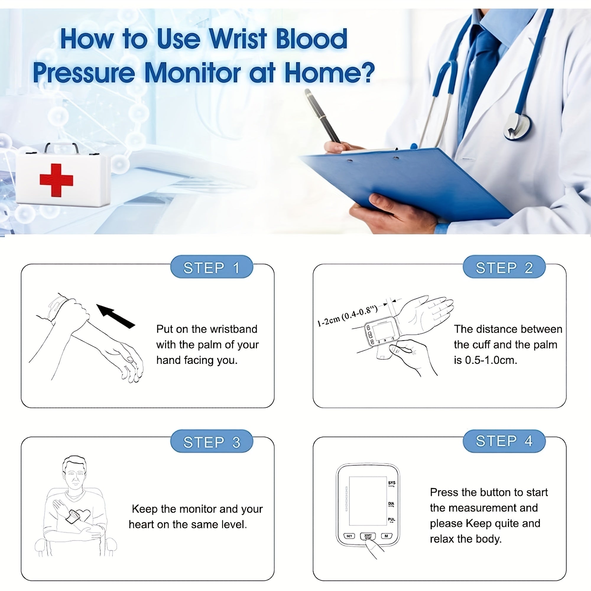 Automatic Wrist Blood Pressure Monitor with Adjustable Cuff, 90x2 Memory Storage, Large LCD Display, and Heart Rate & Sphygmomanometer Readings - Battery-Powered for Home Use, Wrist Bp Monitor | Userfriendly Design | Clear Readability