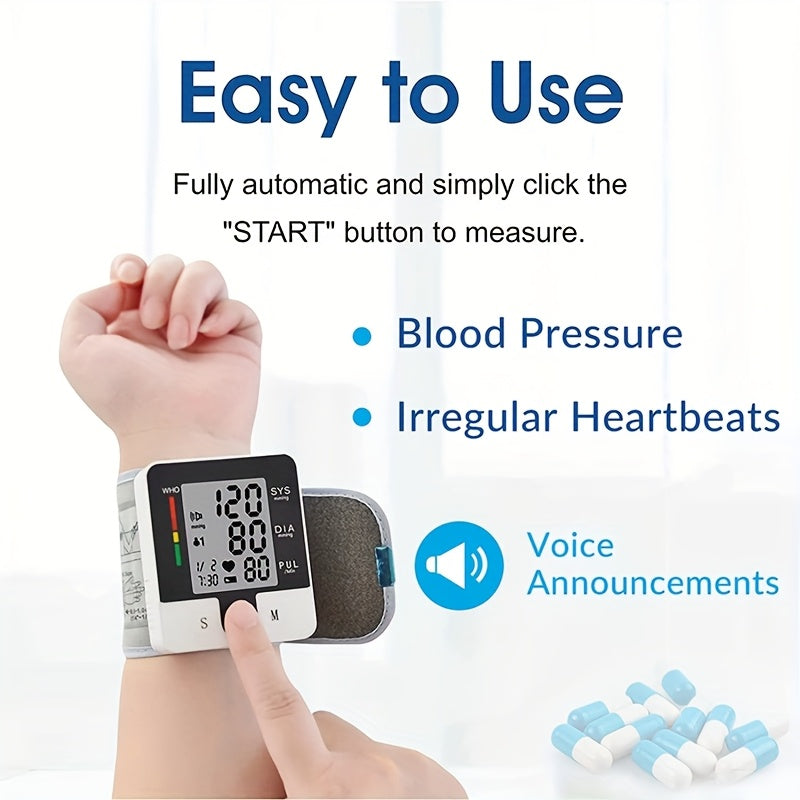 Automatic Wrist Blood Pressure Monitor with Large LCD Display, Battery-Operated, Adjustable Cuff for Home Use – Digital Sphygmomanometer for Adults, White & Black Design, Measures Systolic & Diastolic Pressures, Medical Device | Sleek Wristband Design |