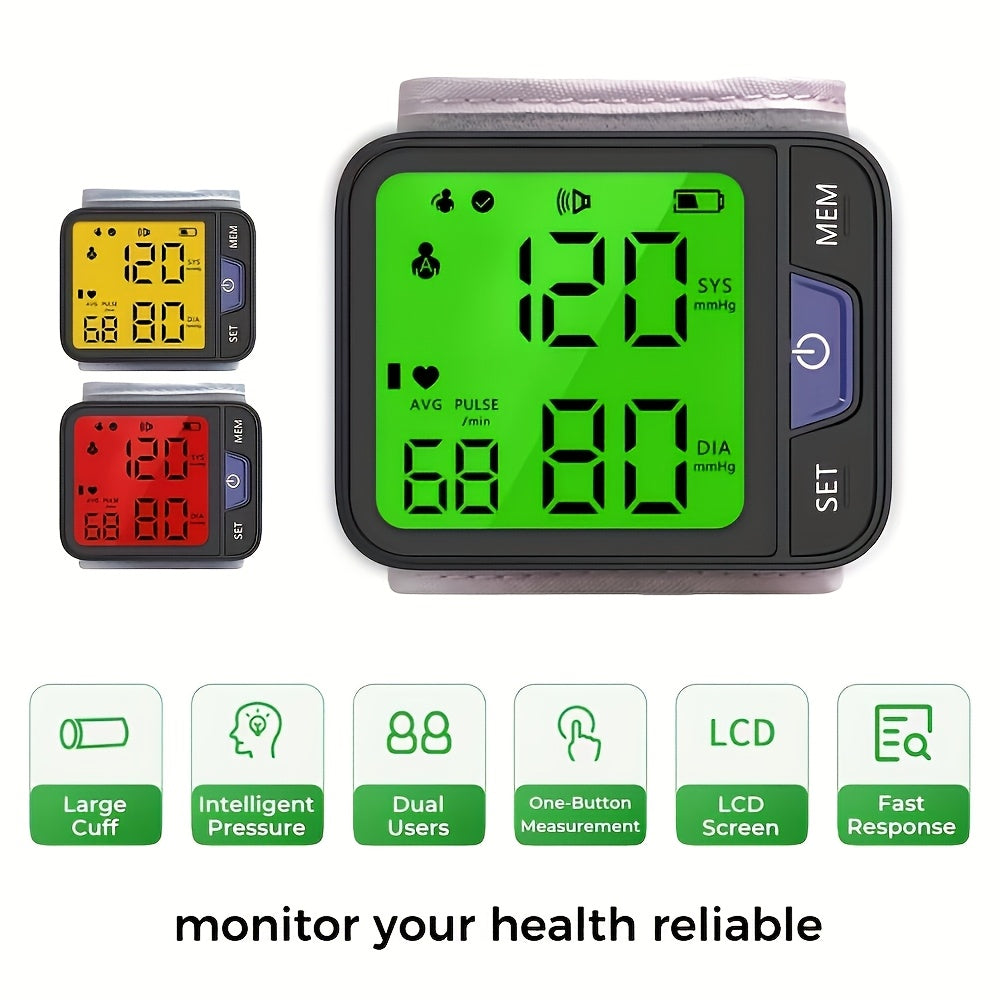 Automatic Wrist Blood Pressure Monitor With Voice, 3-Color Backlit Digital LCD Display, 240 Memory Storage For Dual Users, Portable Adjustable Cuff BP Device For Home Use.