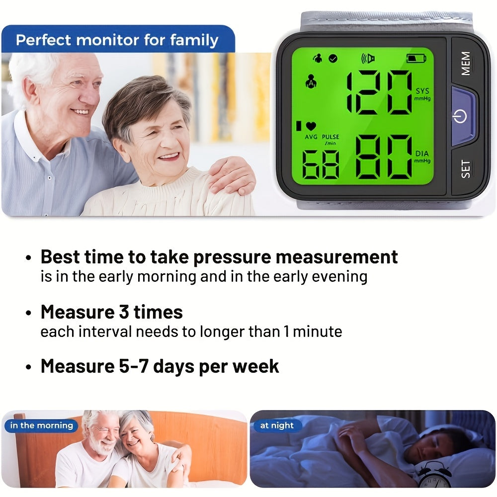 Automatic Wrist Blood Pressure Monitor With Voice, 3-Color Backlit Digital LCD Display, 240 Memory Storage For Dual Users, Portable Adjustable Cuff BP Device For Home Use.